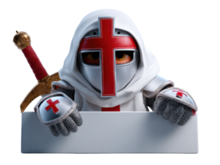 Animated crusader knight with red cross and sword in armor