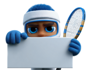 Cartoon tennis player holding blank sign and racket with blue gloves