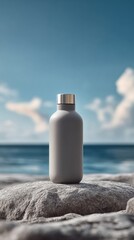 Sleek Gray Water Bottle on Coastal Rock