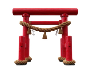 Traditional red torii gate with sacred rope and paper strips