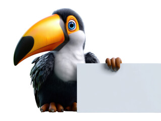 Fototapeta premium Colorful toucan holding a blank sign
