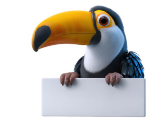 Fototapeta premium Colorful toucan holding blank signboard