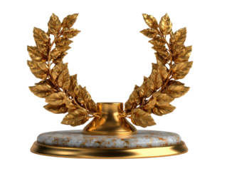 Golden laurel wreath on marble base with detailed leaf design