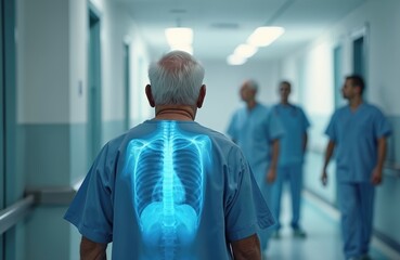 An elderly man walks down a hospital corridor. X-ray of the human skeleton is superimposed on his back. Doctors and nurses blurred in the background convey the medical care environment.
