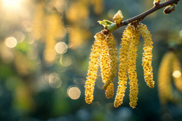 Naklejka premium Close up of bright yellow catkins hanging from a tree branch backlit by golden hour sunlight with soft bokeh background