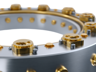 Industrial circular metallic component with gold accents and bolt details