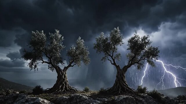 Two ancient, gnarled trees on jagged rocks beneath a stormy sky with bright lightning. Fierce storm