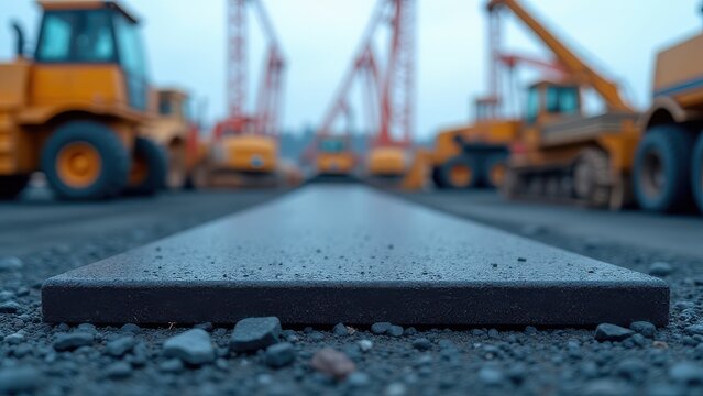 photo of asphalt platform for equipment with construction site in background industrial scene with blue and orange tones textured ground and heavy machinery area 