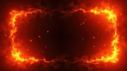 fiery abstract background with glowing red orange flames bursting from corners forming natural frame flying sparks and subtle smoke effects dramatic fire composition with dark center 