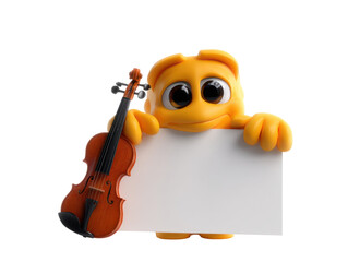 Cute cartoon character holding blank sign with violin in hand
