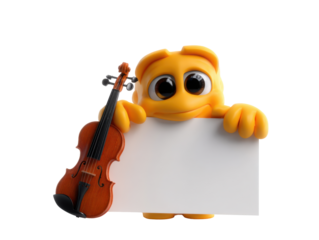Cute cartoon character holding blank sign with violin in hand