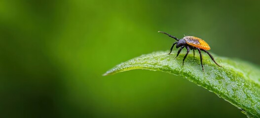 Fototapeta premium small orange tick perched on the edge of a dewy green leaf with a soft blurred green background, conveying tension and alertness