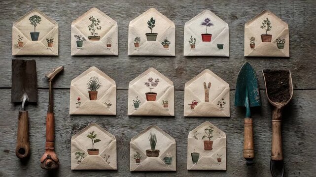 Garden tools and seeds arrangement with rustic wall background showcasing progression of plant growth