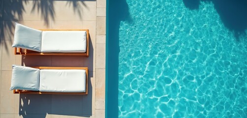 Obraz premium Top view of two sunbeds beside a swimming pool. Clear water surface creates reflections. Palm tree shadows fall on tile. Summer vacation leisure at resort or spa.