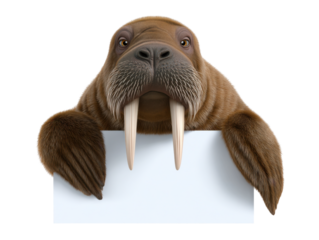 Walrus holding blank sign with flippers displaying tusked face