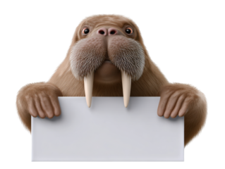 Cartoon walrus holding blank sign with tusk display