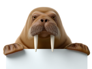 Walrus holding blank sign with tusks and brown fur