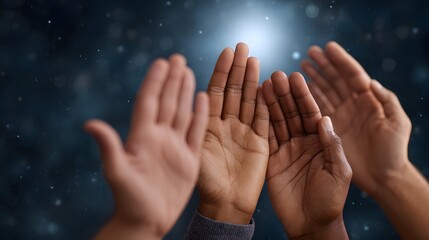 Diverse hands reaching upwards towards a bright light in a starry night sky symbolizing and hope