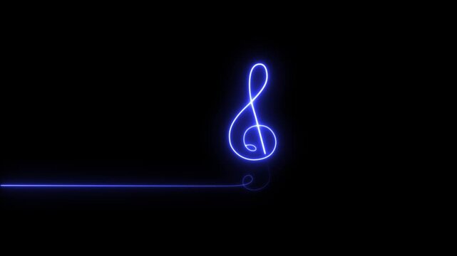 Glowing neon music icon animation, neon icon animation, music icon animation on black background, blue neon glowing single musical note icon abstract design animation on 4k video footage.