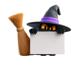 Cute witch cat holding blank sign with broom and hat