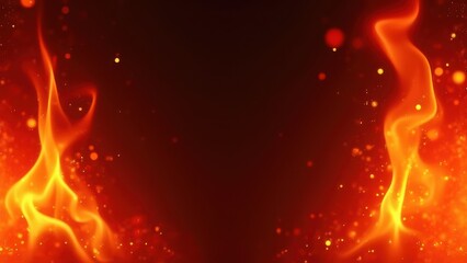 fiery abstract background with glowing red orange flames bursting from corners forming natural frame flying sparks and subtle smoke effects dramatic fire composition with dark center 