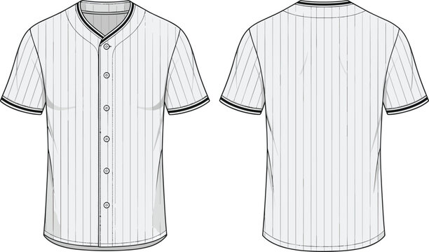 White pinstripe baseball jersey technical flat sketch vector mockup with black trim for sports team uniform and athletic apparel design.