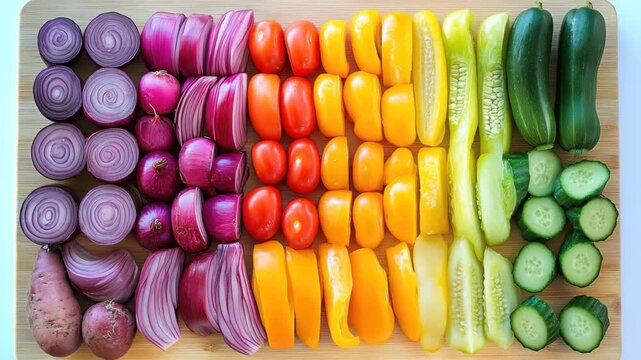 Colorful display of fresh vegetables arranged in a vibrant rainbow pattern on a wooden surface