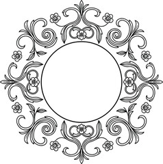 Whimsical circular floral frame vector with delicate flower blossoms and graceful filigree scrollwork for romantic wedding stationery spring event invitations and feminine branding