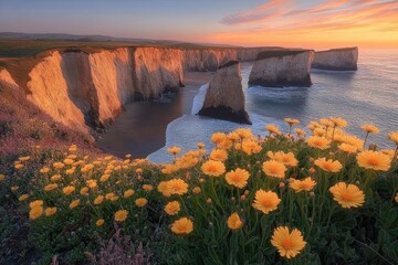 Sunset over rugged coastal cliffs with yellow flowers blooming in the foreground and calm ocean waters below