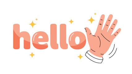 Obraz premium A vibrant greeting illustration featuring the word hello in a cheerful font alongside a friendly waving hand, complete with sparkling star accents