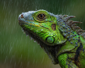 Lizard looks up during rain in a tropical garden near a tree in the early afternoon
