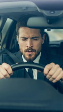 Stressed man gripping steering wheel while driving, vertical shot