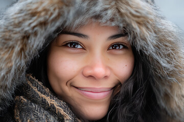 Woman smiles while wearing a fur-lined hood in a snowy environment during winter season
