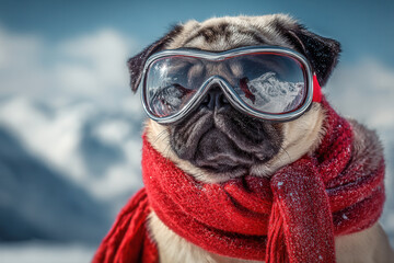 Pug in goggles and a red scarf stands against a snowy mountain backdrop during winter