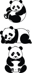 Cute panda bear vector set featuring three different poses including sitting sleeping and happy characters in a clean black and white minimalist cartoon style for kids nursery decor and stickers