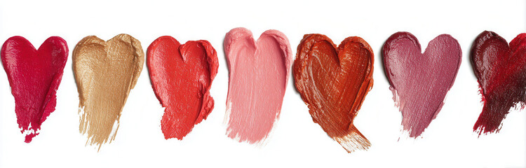 Various shades of heart-shaped lipstick swatches lined up on a white surface showing color diversity and artistic design