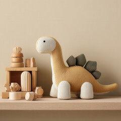 Soft dinosaur toy next to wooden blocks on a shelf in a simple room during daylight