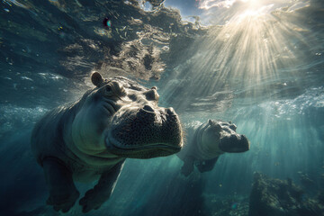 Two hippos swim underwater in a river with light rays shining through the surface in the afternoon