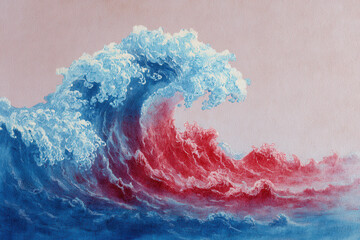 Colorful wave rises high over the ocean showing blue and red hues under a light sky at sunset