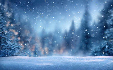 Snow falls quietly on a winter landscape with trees and a blurred background during the evening