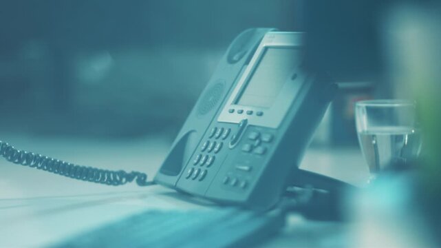 Quiet reception area with vintage phone setup, Still image capturing deserted office with subdued blue tones