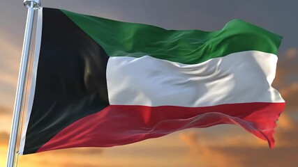 The vibrant national flag of Kuwait proudly waves in the gentle breeze against a beautiful warm sky symbolizing the rich history sovereignty and national pride of the Middle Eastern nation representi.