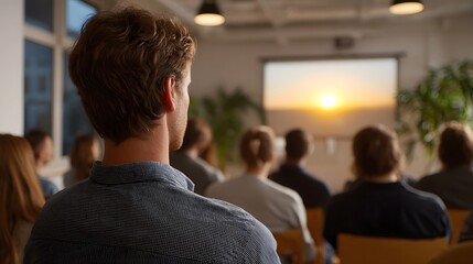 Audience observes a serene sunset during a presentation in a modern meeting room