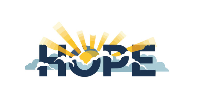 A vibrant graphic illustration of the word HOPE emerging from soft clouds, bathed in golden sunrise rays, symbolizing optimism, new beginnings, and