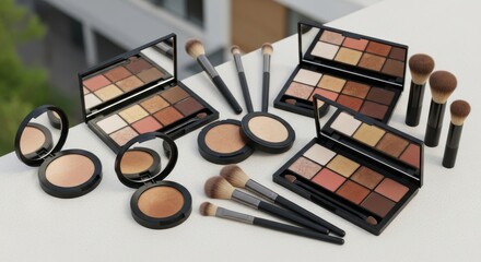 Elegant Neutral Makeup Palettes and Brushes Displayed Outdoors for Premium Cosmetic Product Photography and E-commerce Promotion.
