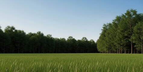Fototapeta premium Lush Green Grass Field stretching towards a dense Forest Edge under a Clear Blue Sky. Ideal Background for Environment and Real Estate Marketing.