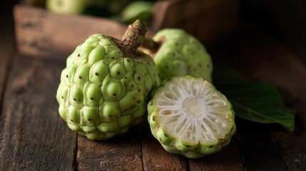 Obraz premium Fresh cherimoya on rustic wooden table showcasing unique textured skin and juicy interior.