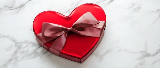 luxury heart-shaped chocolate box with satin ribbon on white marble surface. valentine gift