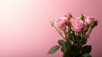 Fototapeta premium A bouquet of pink roses against a soft pink background with natural lighting