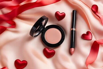 valentine makeup flat lay with lipstick, compact powder and brush on pink satin with red ribbon accents
